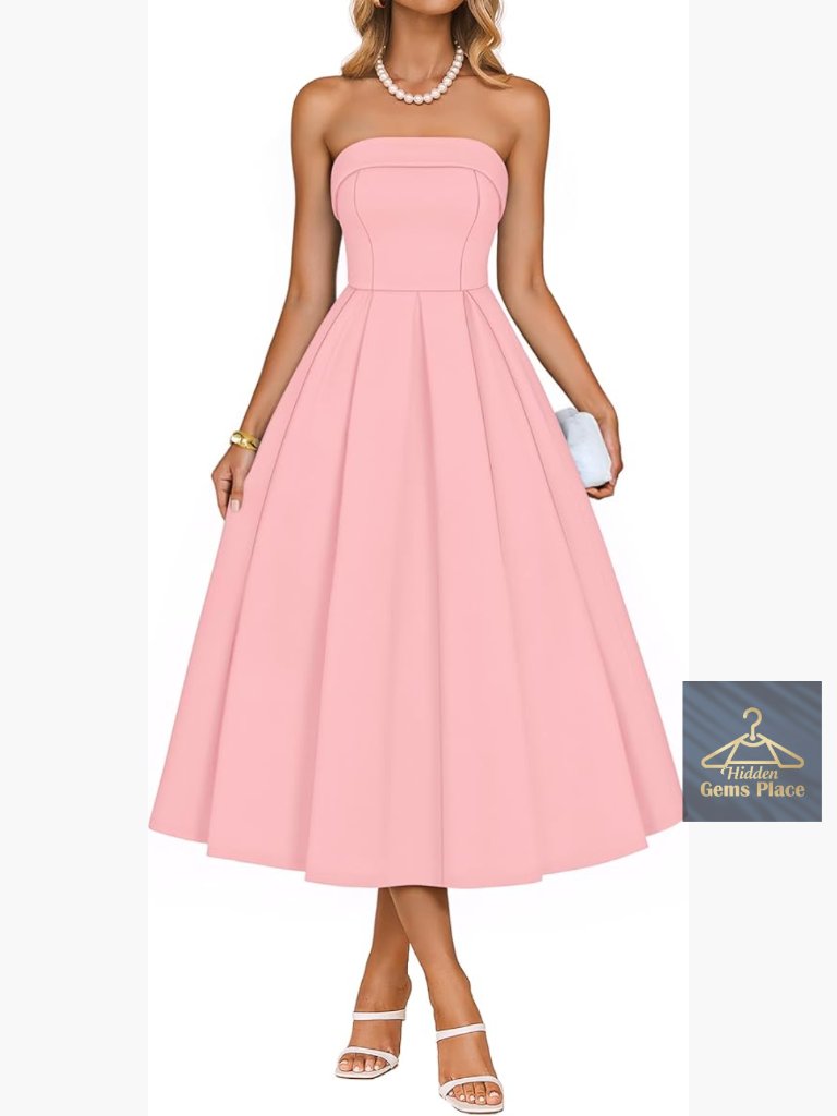 Strapless Cocktail Midi Dress Flowy A-Line Wedding Guest Party Dress